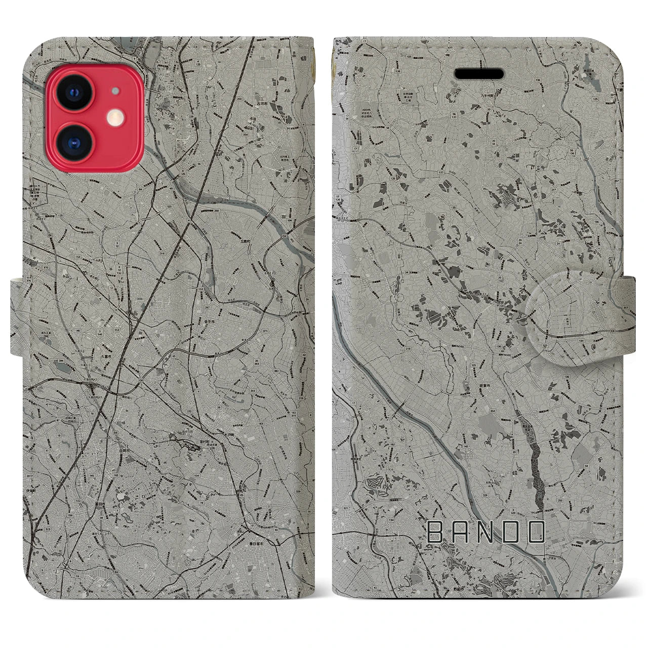 【坂東(茨城県)】地図柄iPhoneケース(手帳タイプ)モノトーン・iPhone 11 用