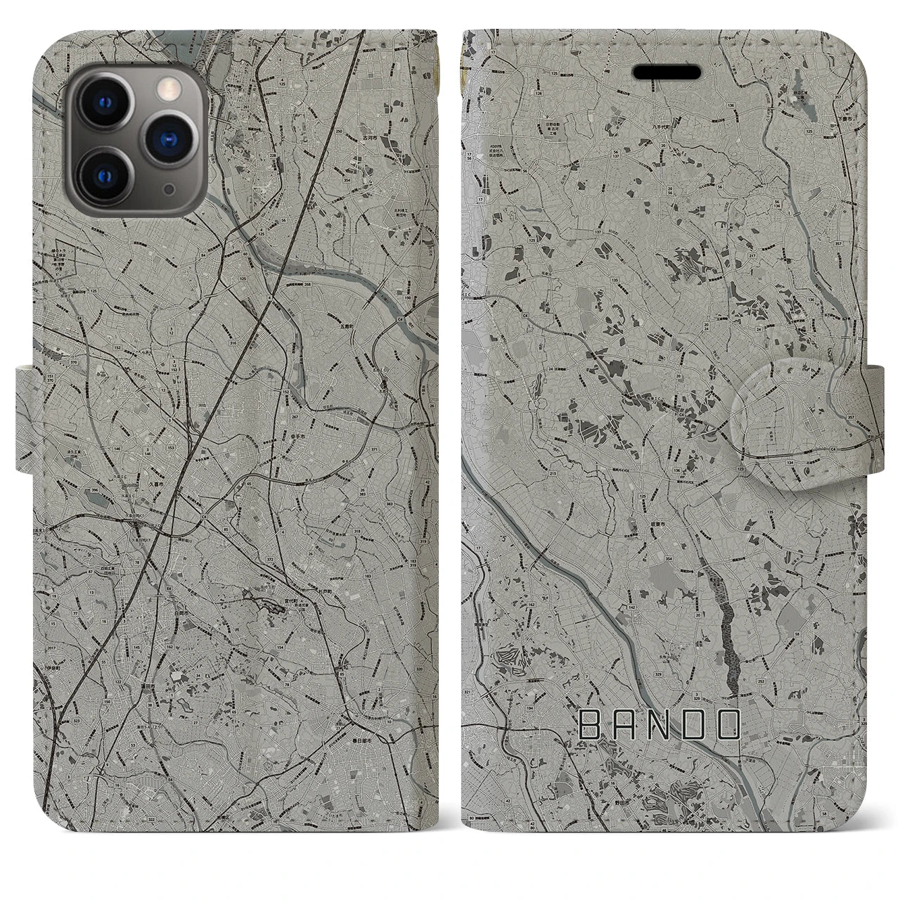 【坂東(茨城県)】地図柄iPhoneケース(手帳タイプ)モノトーン・iPhone 11 Pro Max 用