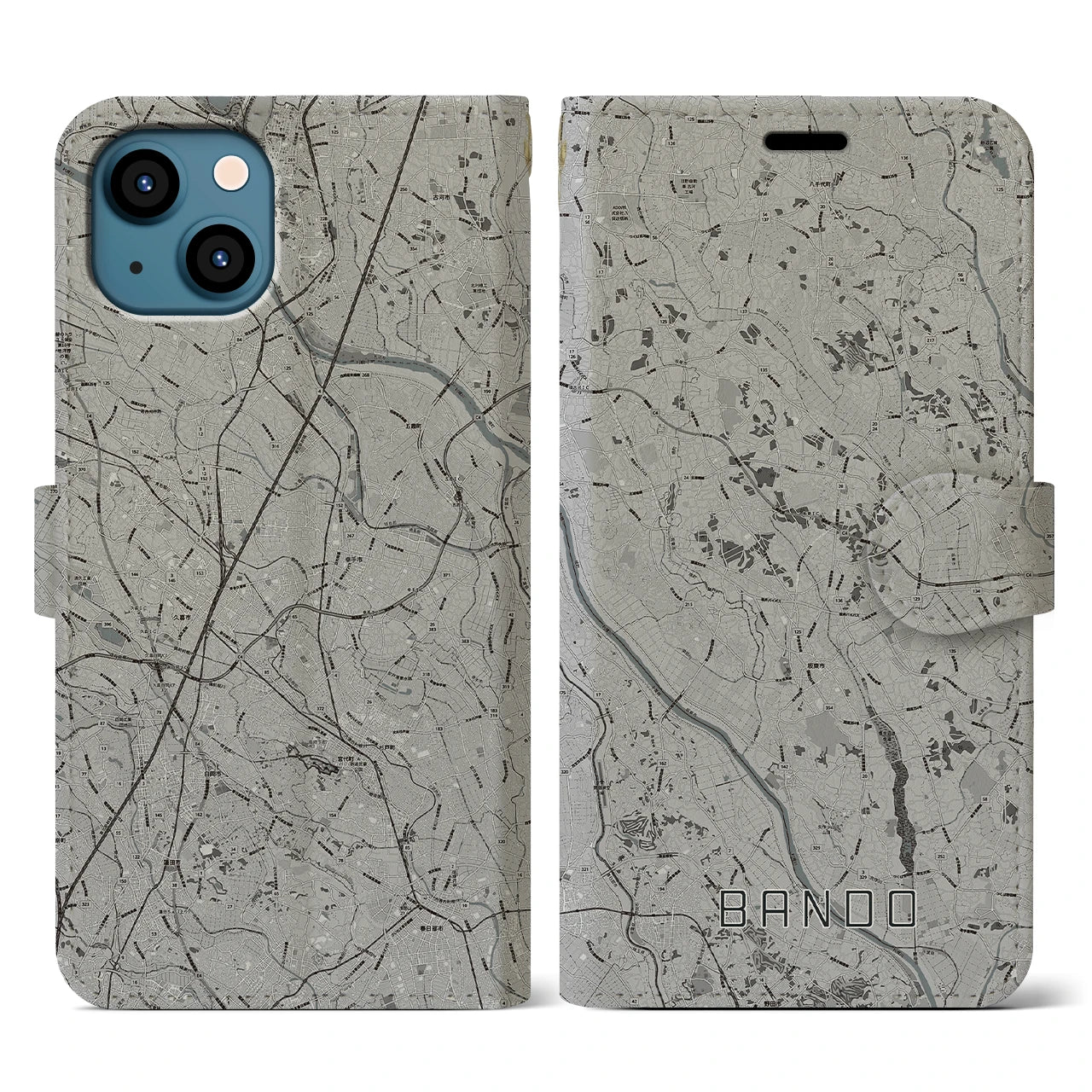 【坂東(茨城県)】地図柄iPhoneケース(手帳タイプ)モノトーン・iPhone 13 用