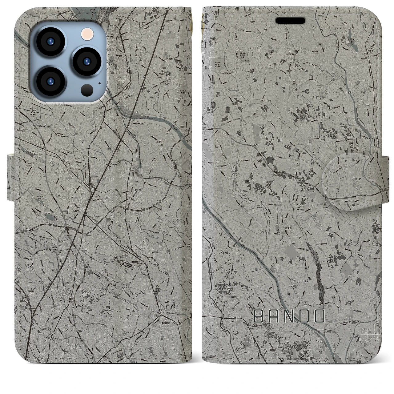 【坂東(茨城県)】地図柄iPhoneケース(手帳タイプ)モノトーン・iPhone 13 Pro Max 用