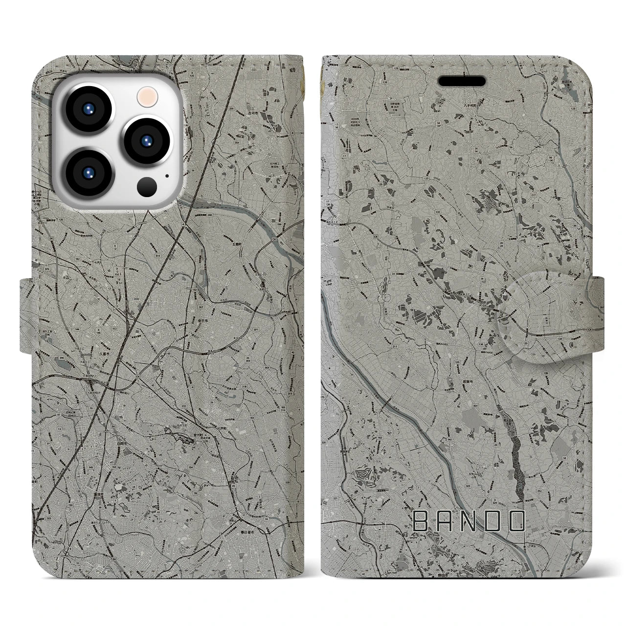 【坂東(茨城県)】地図柄iPhoneケース(手帳タイプ)モノトーン・iPhone 13 Pro 用