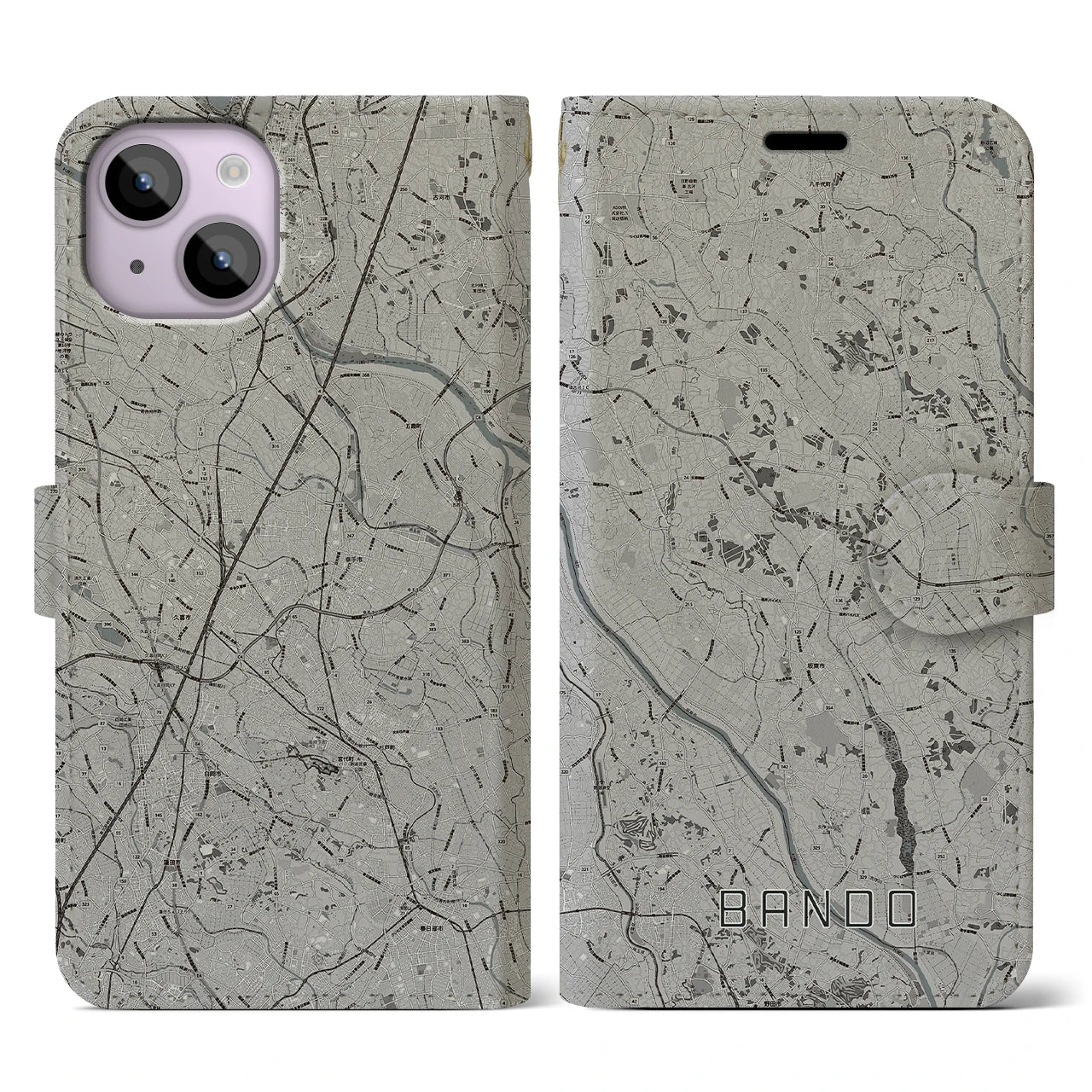 【坂東(茨城県)】地図柄iPhoneケース(手帳タイプ)モノトーン・iPhone 14 用