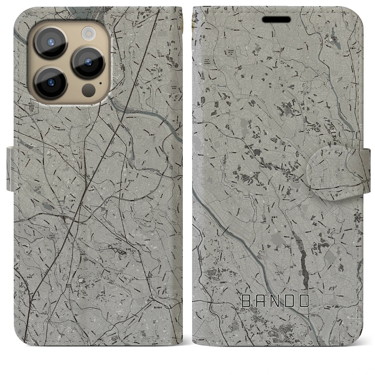 【坂東(茨城県)】地図柄iPhoneケース(手帳タイプ)モノトーン・iPhone 14 Pro Max 用