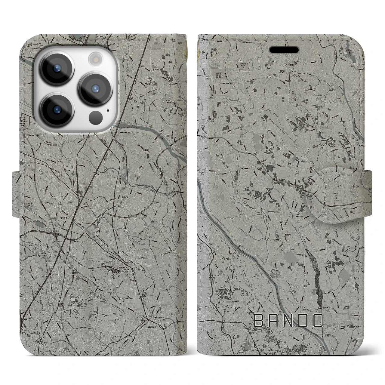 【坂東(茨城県)】地図柄iPhoneケース(手帳タイプ)モノトーン・iPhone 14 Pro 用