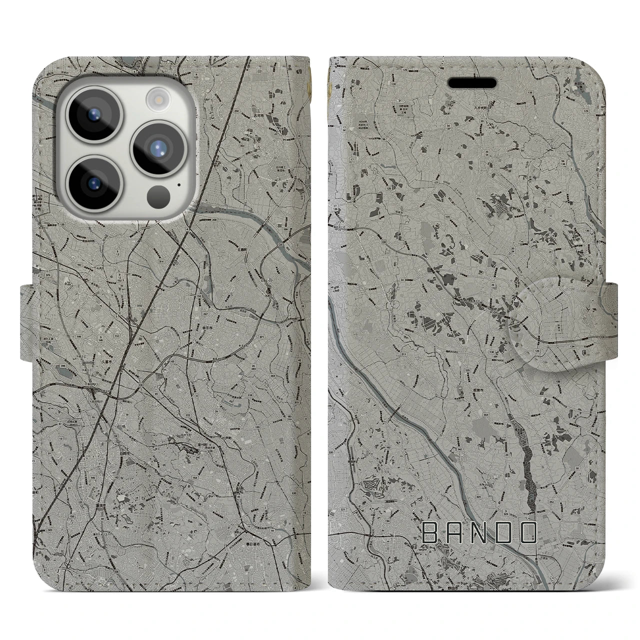 【坂東(茨城県)】地図柄iPhoneケース(手帳タイプ)モノトーン・iPhone 15 Pro 用