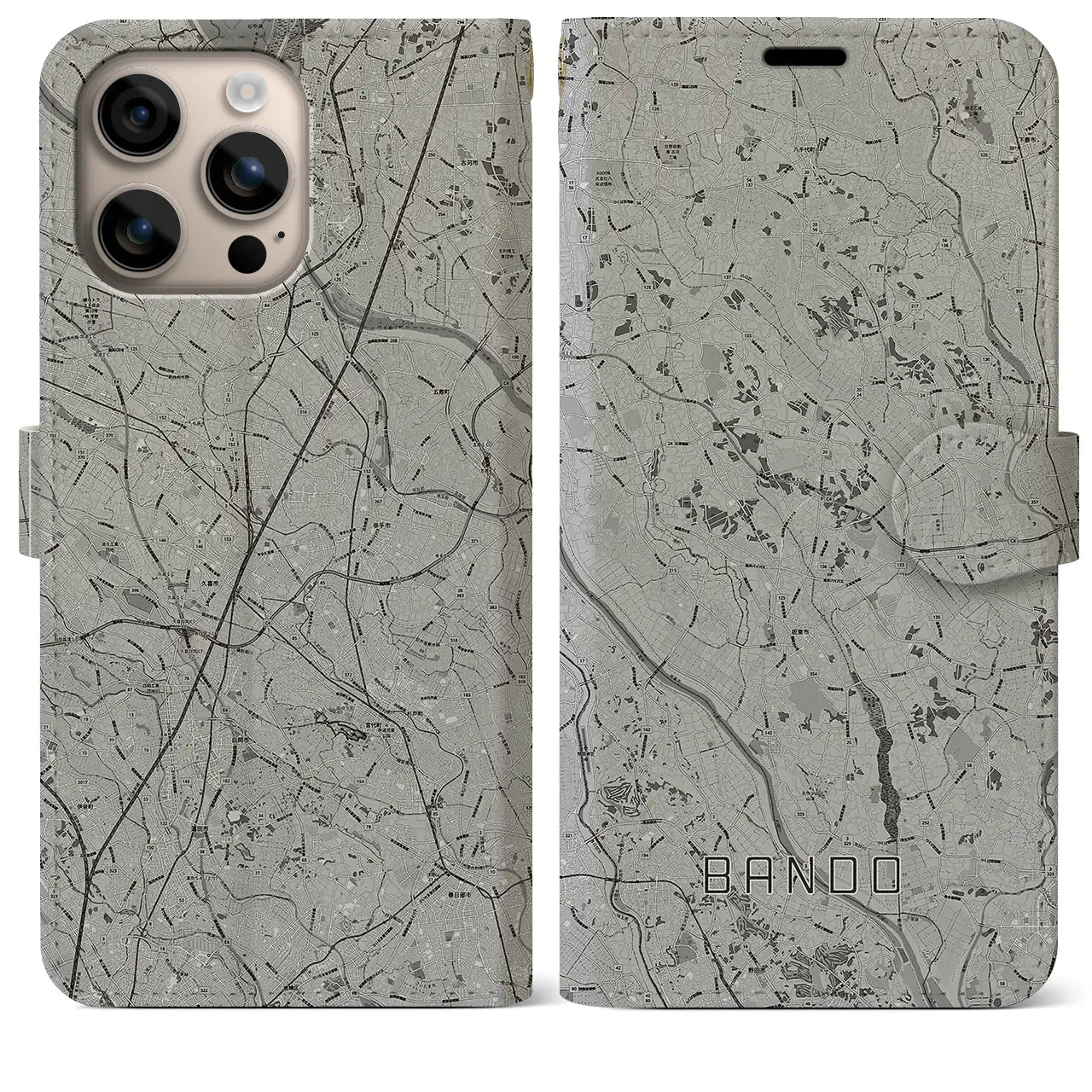 【坂東(茨城県)】地図柄iPhoneケース(手帳タイプ)モノトーン・iPhone 16 Plus 用