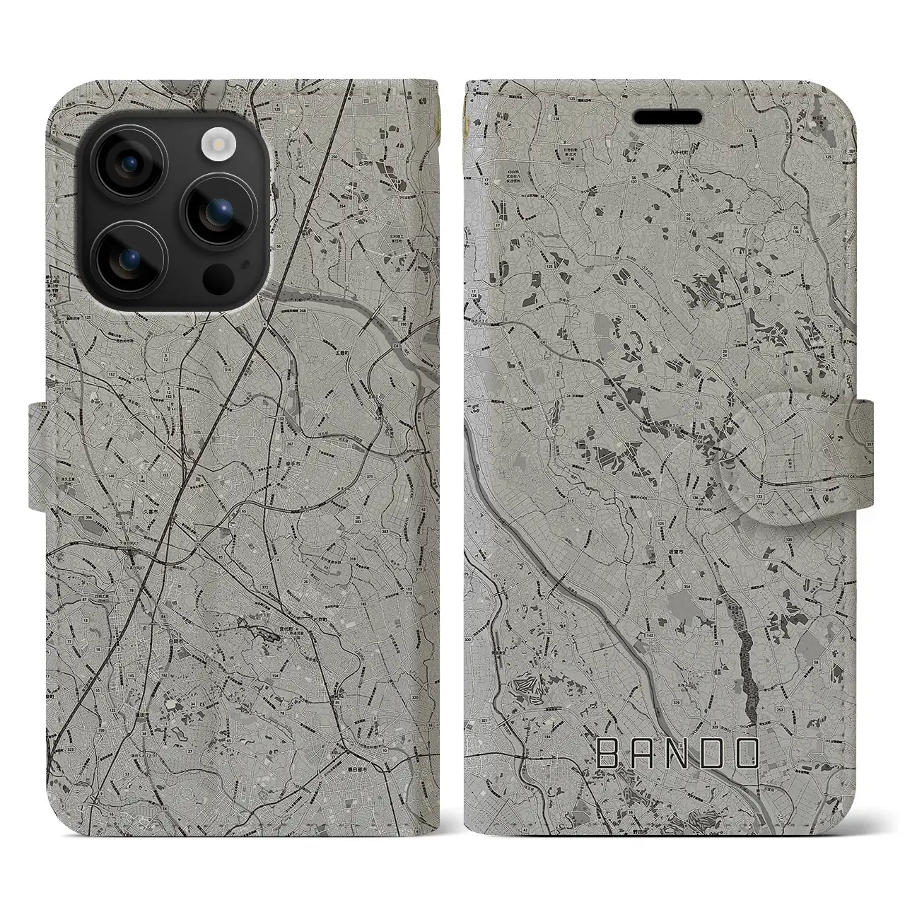 【坂東(茨城県)】地図柄iPhoneケース(手帳タイプ)モノトーン・iPhone 16 用