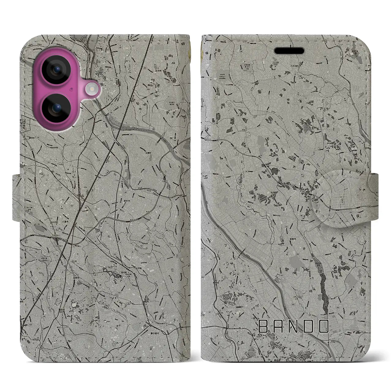 【坂東(茨城県)】地図柄iPhoneケース(手帳タイプ)モノトーン・iPhone 16 Pro 用