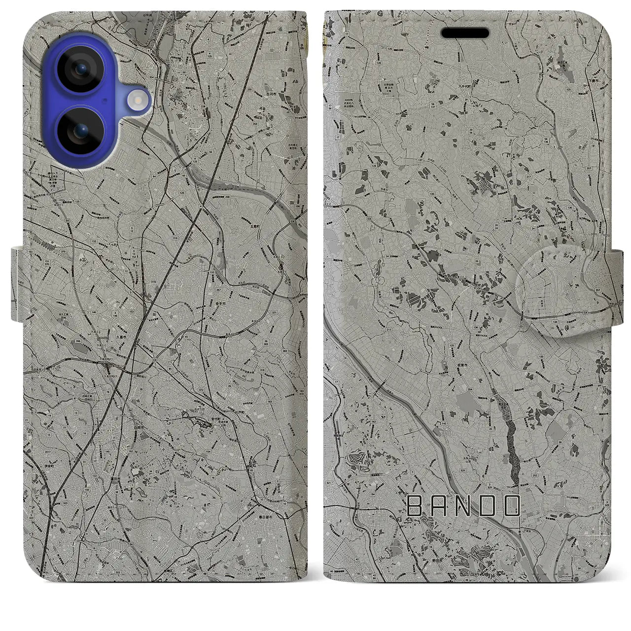 【坂東(茨城県)】地図柄iPhoneケース(手帳タイプ)モノトーン・iPhone 16 Pro Max 用