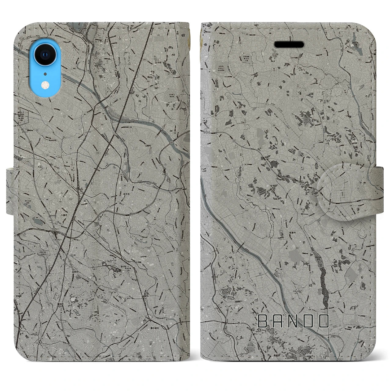 【坂東(茨城県)】地図柄iPhoneケース(手帳タイプ)モノトーン・iPhone XR 用