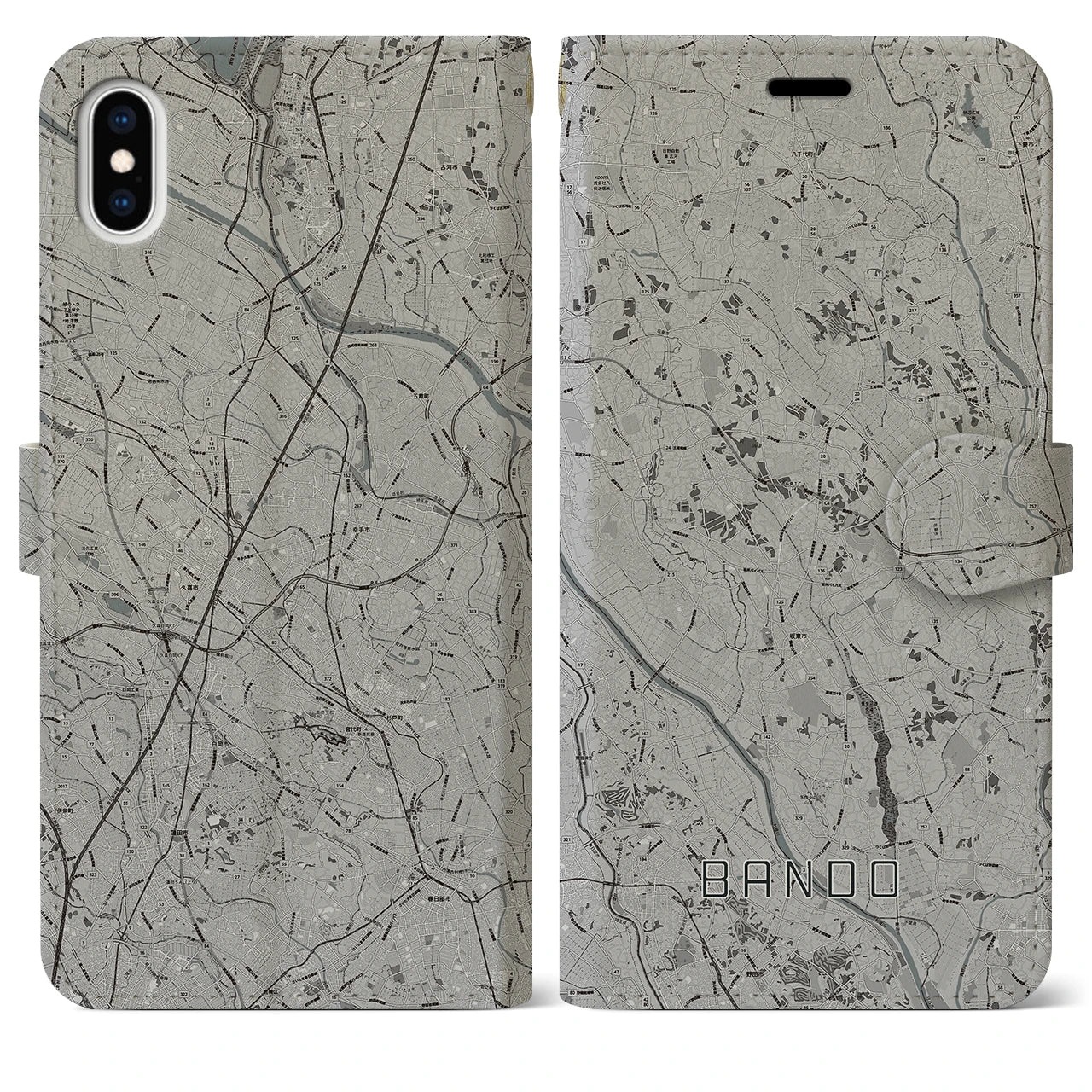 【坂東(茨城県)】地図柄iPhoneケース(手帳タイプ)モノトーン・iPhone XS Max 用