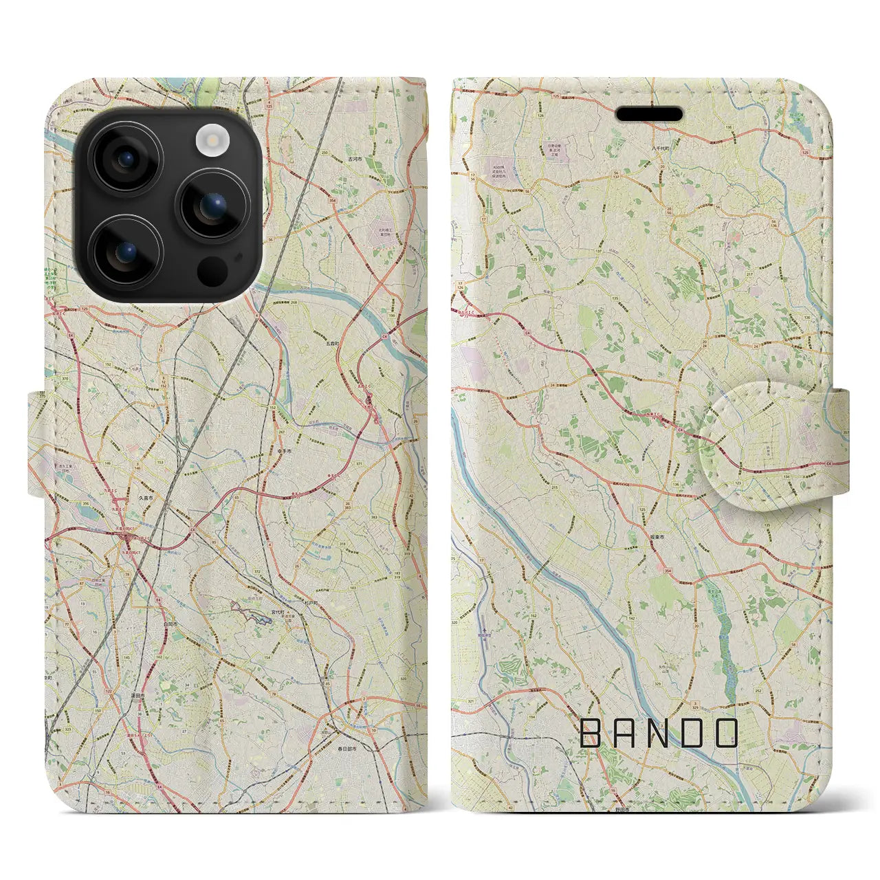 【坂東(茨城県)】地図柄iPhoneケース(手帳タイプ)ナチュラル・iPhone 16 用