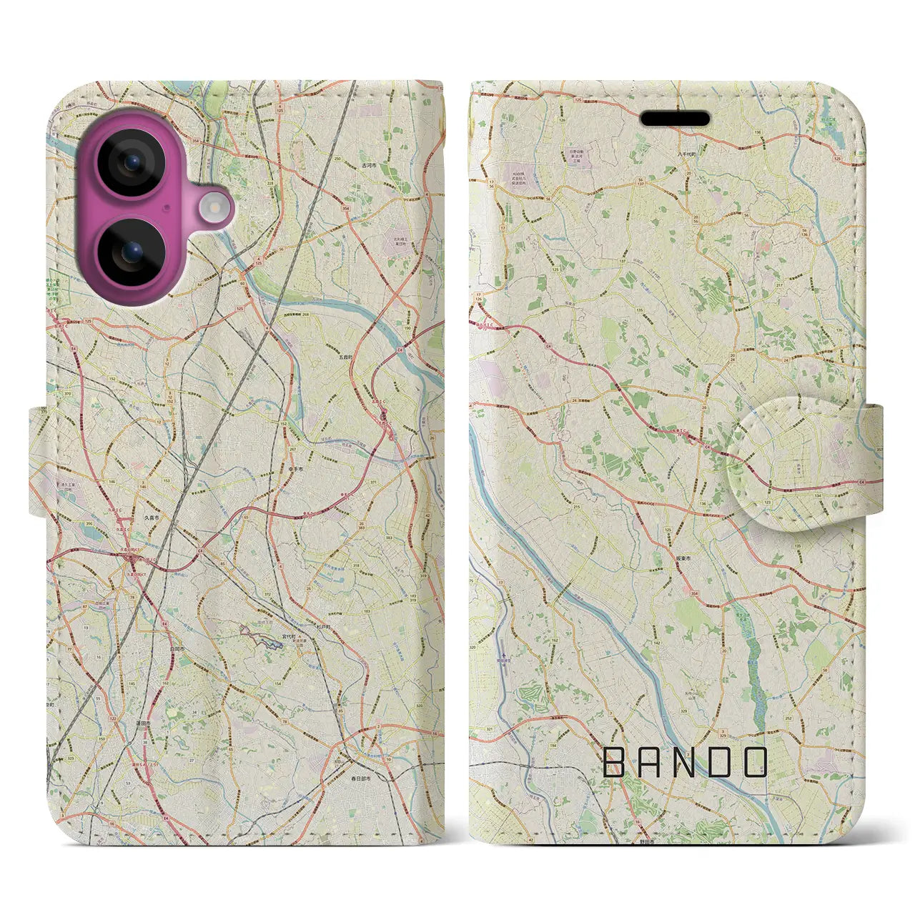 【坂東(茨城県)】地図柄iPhoneケース(手帳タイプ)ナチュラル・iPhone 16 Pro 用