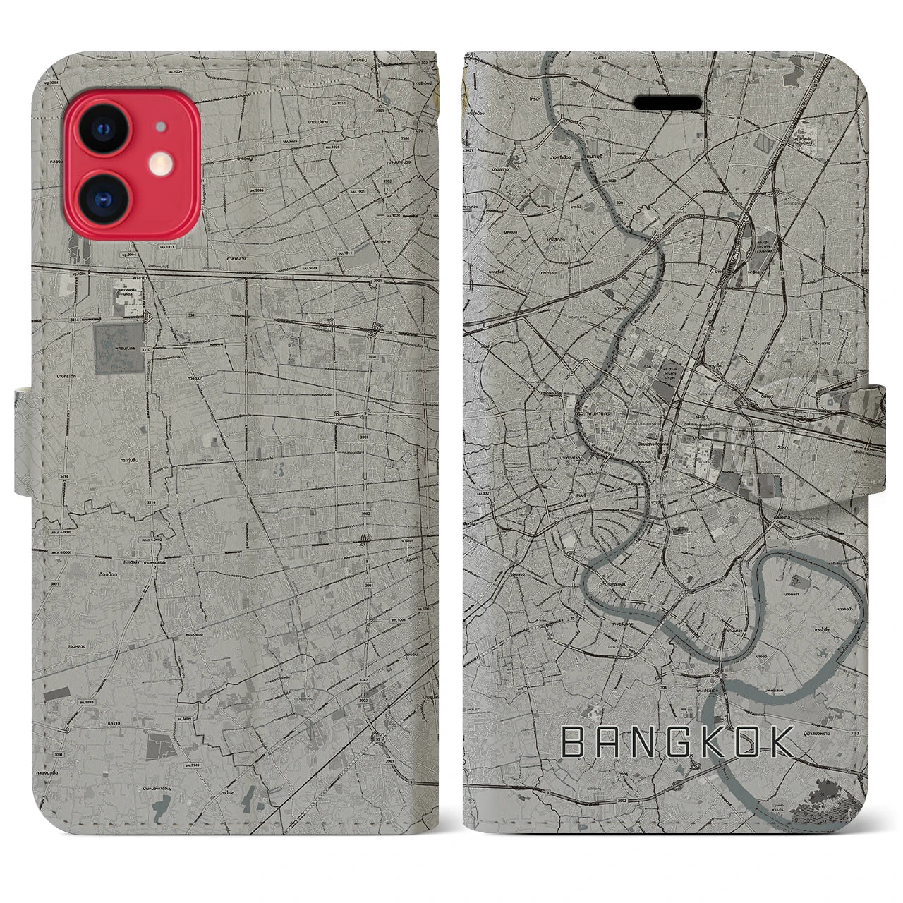 【バンコク(タイ)】地図柄iPhoneケース(手帳タイプ)モノトーン・iPhone 11 用