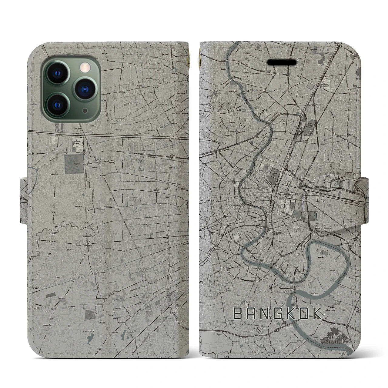 【バンコク(タイ)】地図柄iPhoneケース(手帳タイプ)モノトーン・iPhone 11 Pro 用