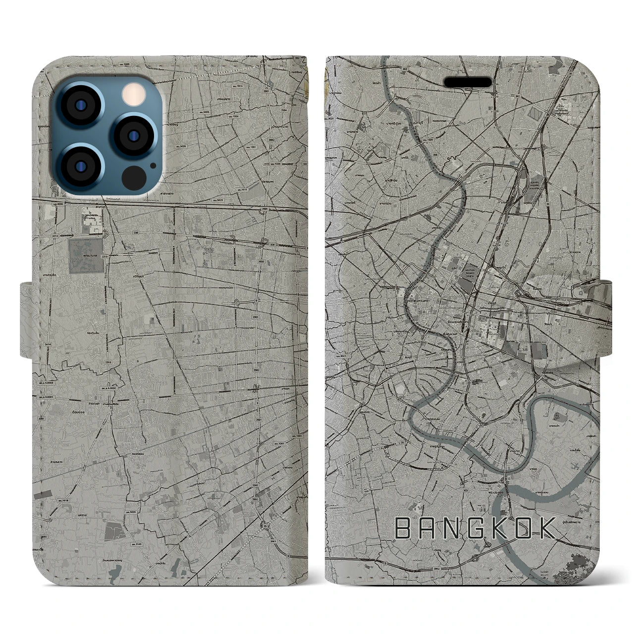 【バンコク(タイ)】地図柄iPhoneケース(手帳タイプ)モノトーン・iPhone 12 / 12 Pro 用