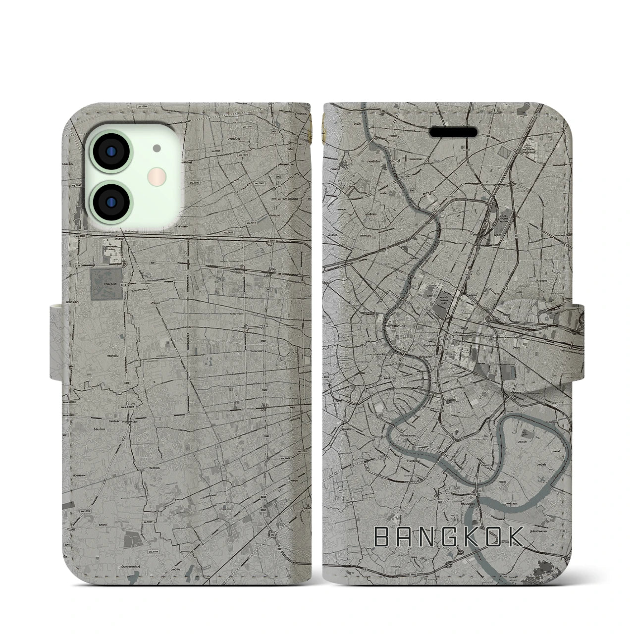 【バンコク(タイ)】地図柄iPhoneケース(手帳タイプ)モノトーン・iPhone 12 mini 用