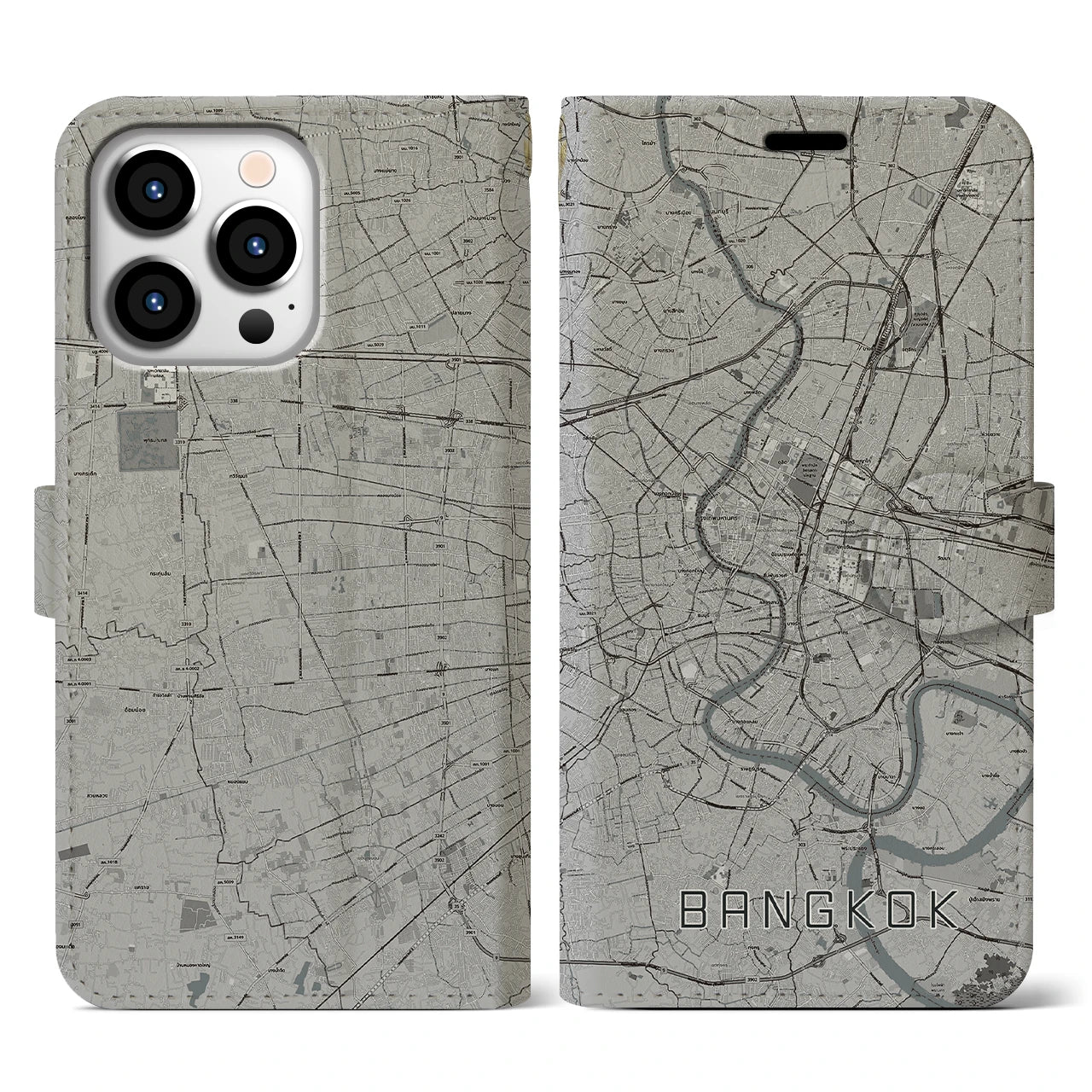 【バンコク(タイ)】地図柄iPhoneケース(手帳タイプ)モノトーン・iPhone 13 Pro 用