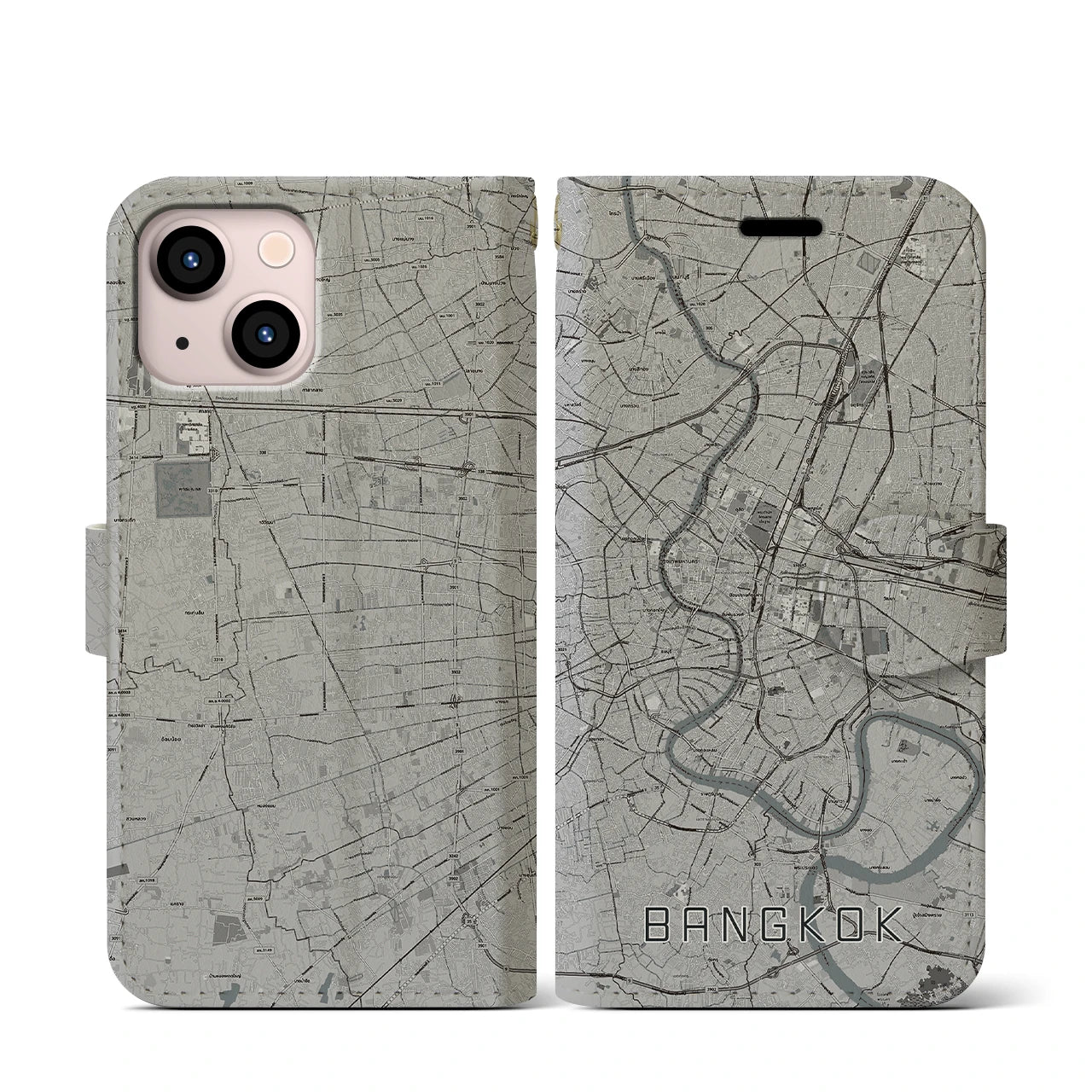 【バンコク(タイ)】地図柄iPhoneケース(手帳タイプ)モノトーン・iPhone 13 mini 用