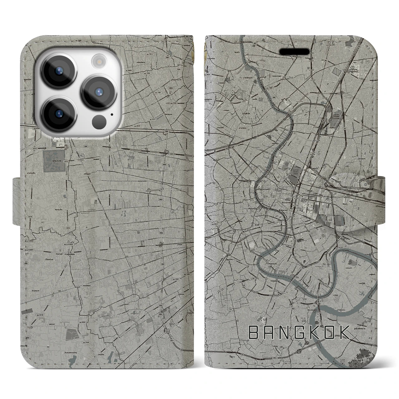 【バンコク(タイ)】地図柄iPhoneケース(手帳タイプ)モノトーン・iPhone 14 Pro 用