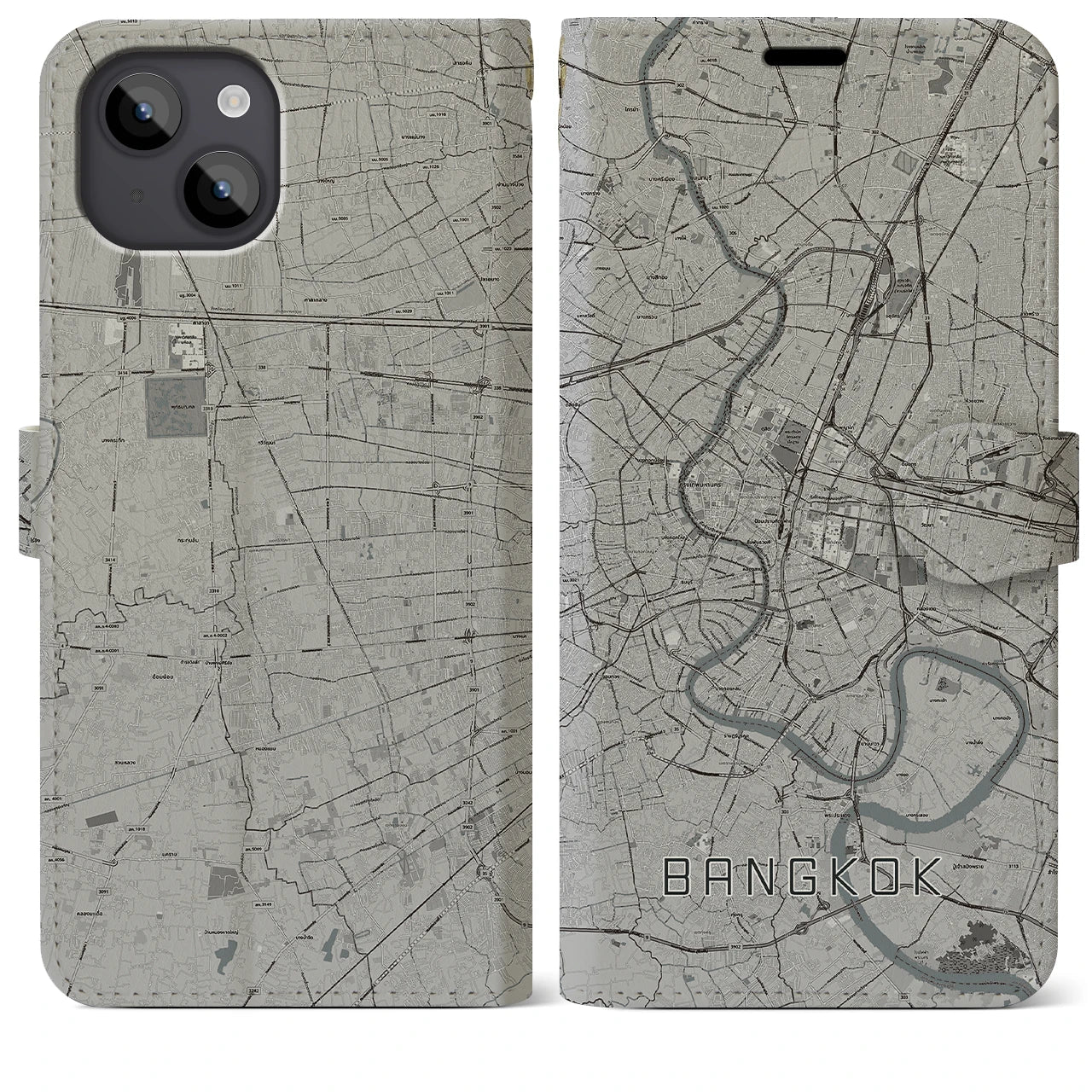 【バンコク(タイ)】地図柄iPhoneケース(手帳タイプ)モノトーン・iPhone 14 Plus 用