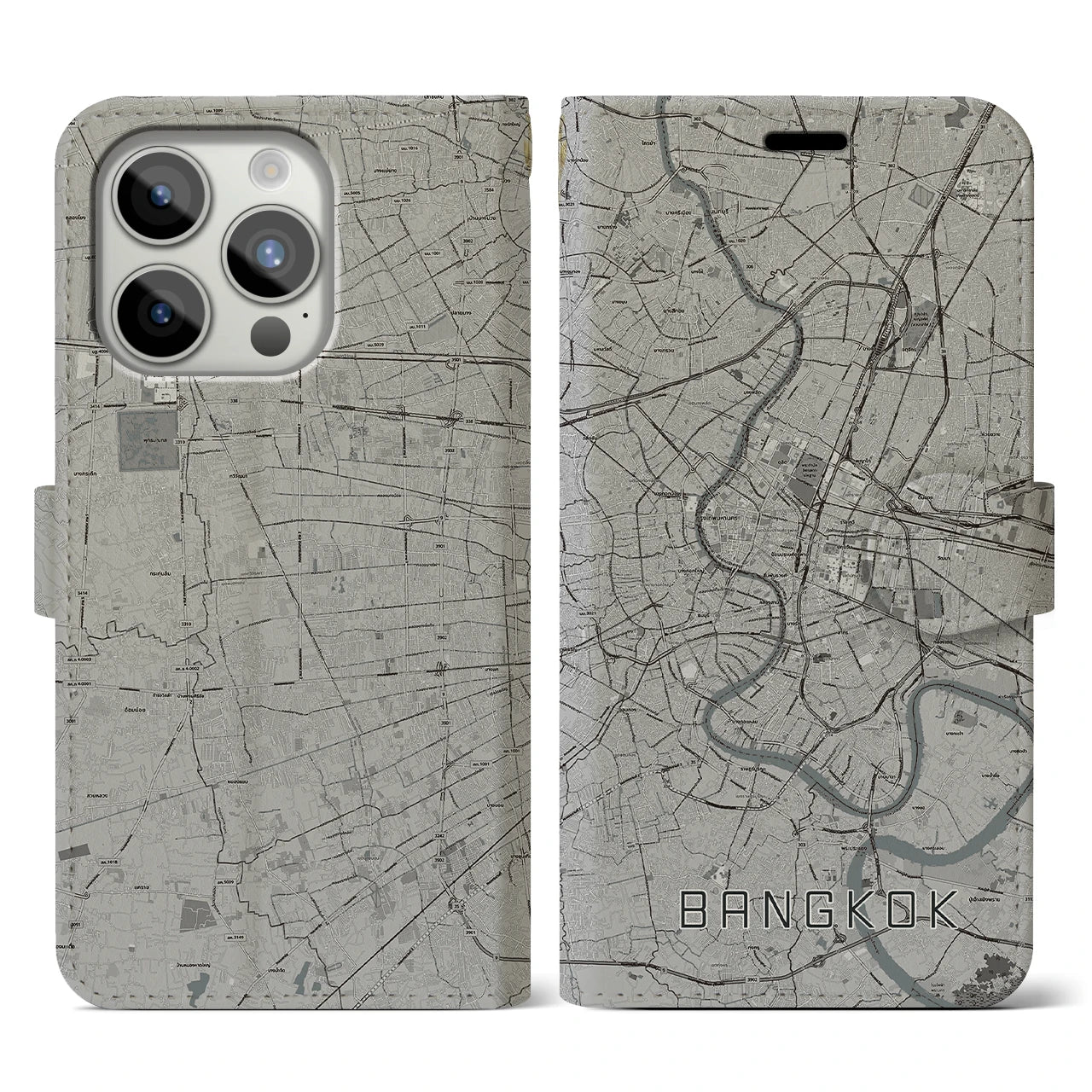 【バンコク(タイ)】地図柄iPhoneケース(手帳タイプ)モノトーン・iPhone 15 Pro 用