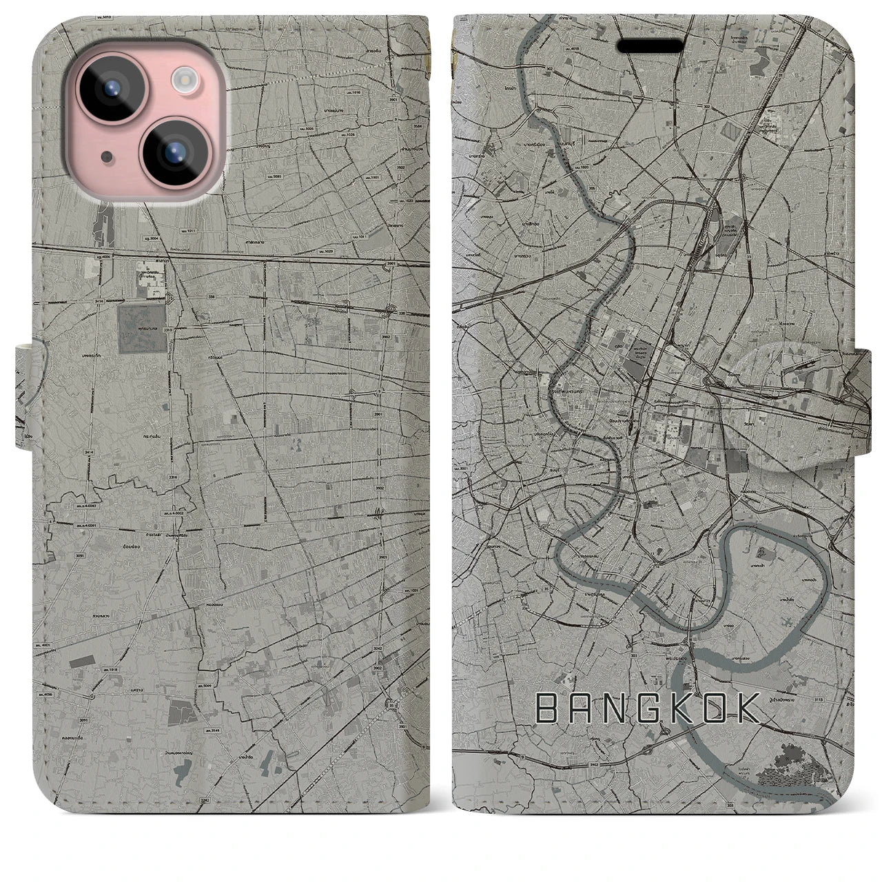 【バンコク(タイ)】地図柄iPhoneケース(手帳タイプ)モノトーン・iPhone 15 Plus 用