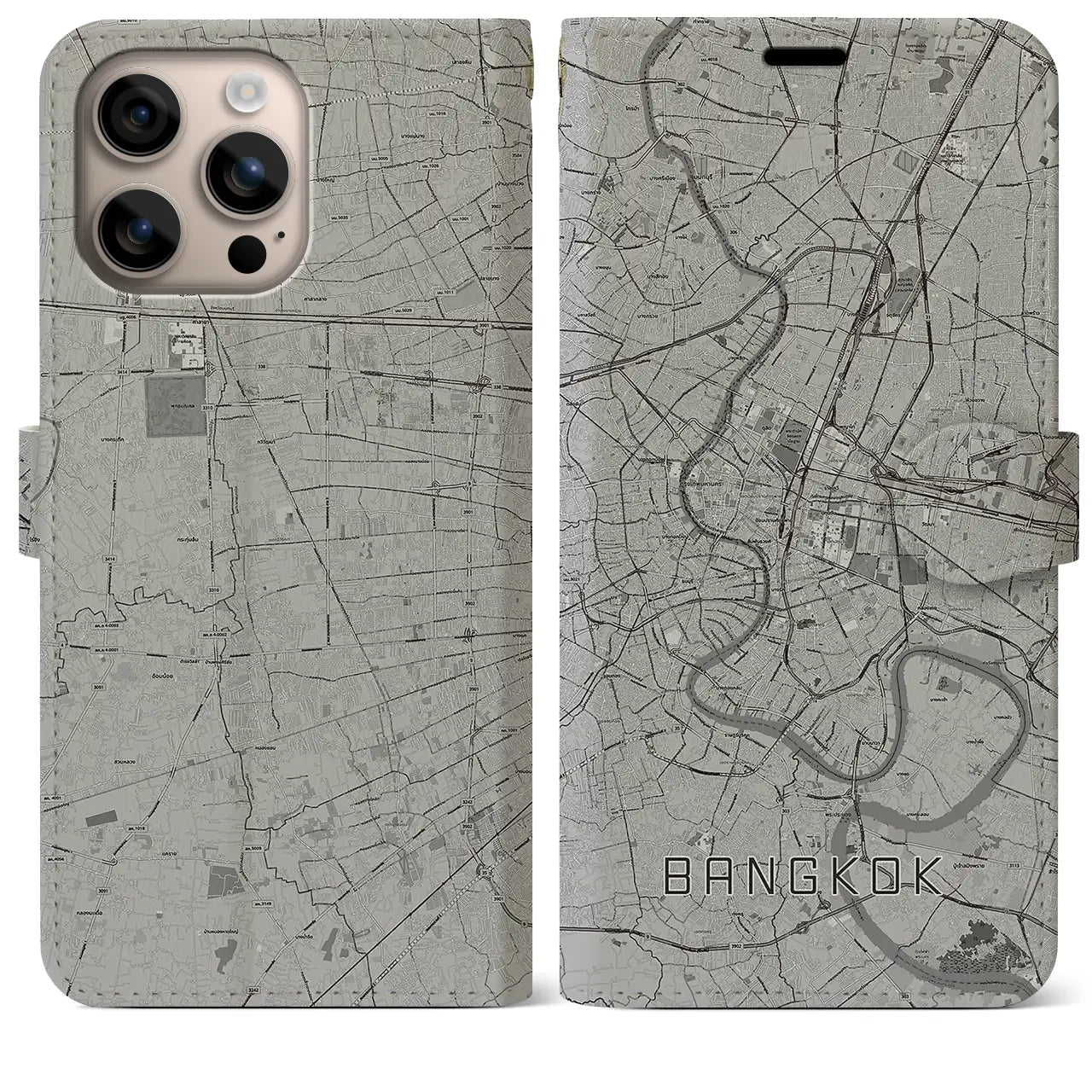 【バンコク(タイ)】地図柄iPhoneケース(手帳タイプ)モノトーン・iPhone 16 Plus 用