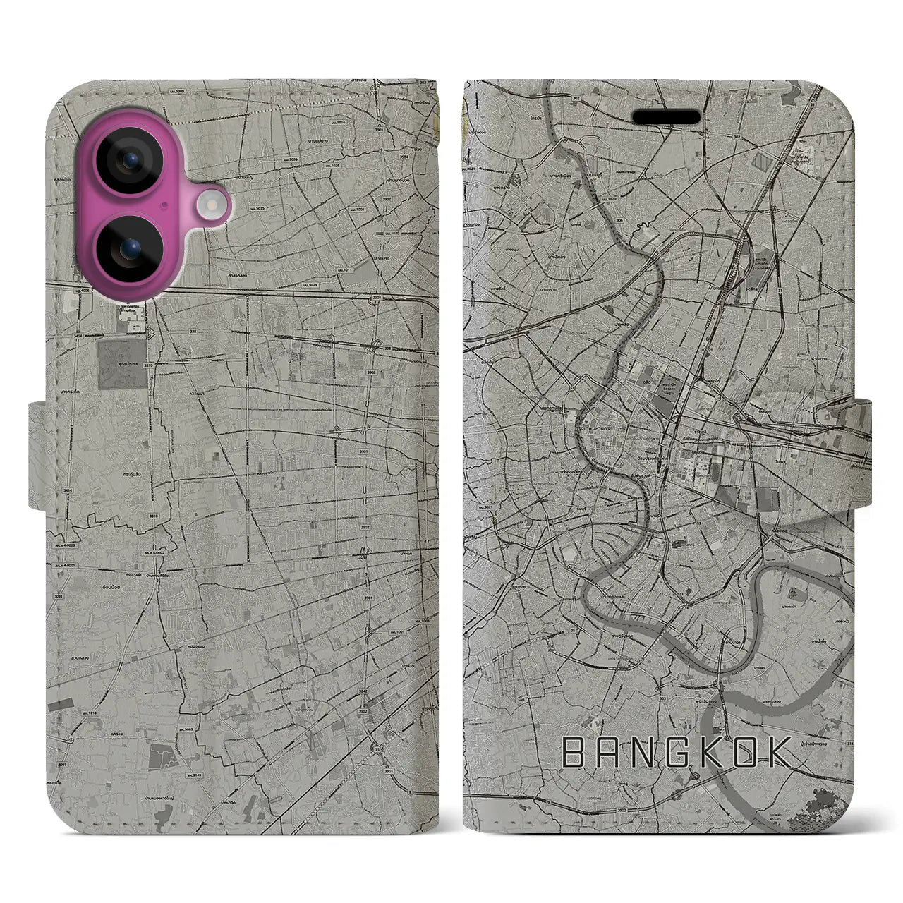 【バンコク(タイ)】地図柄iPhoneケース(手帳タイプ)モノトーン・iPhone 16 Pro 用