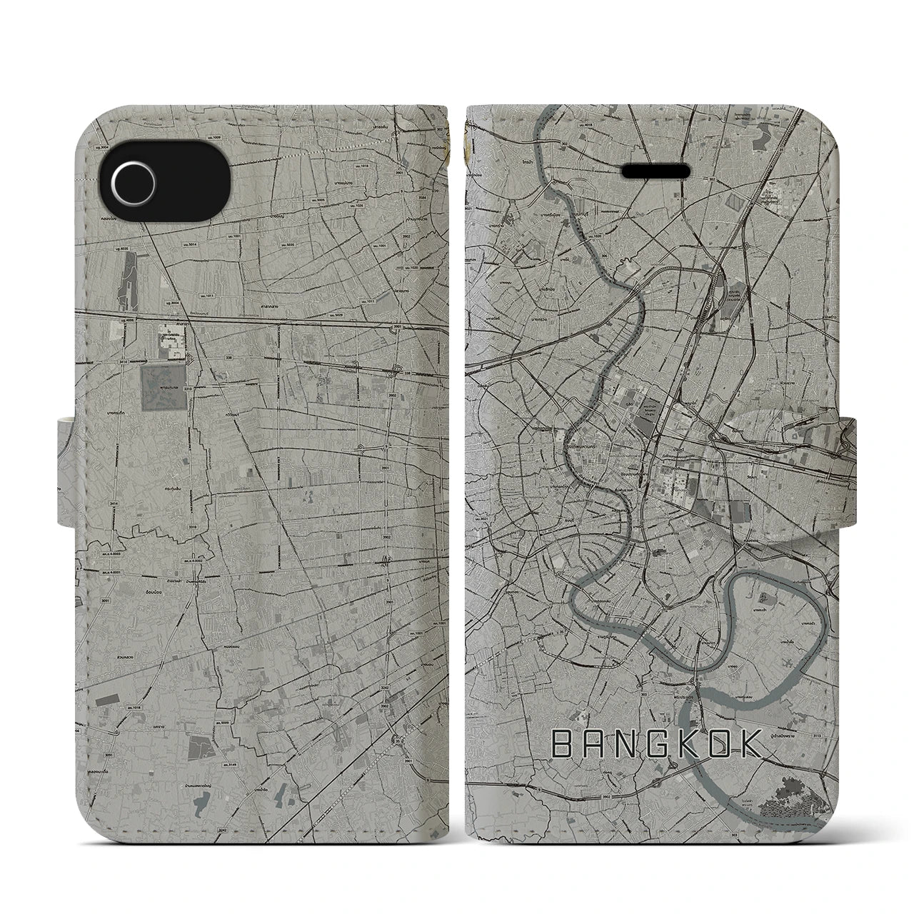 【バンコク(タイ)】地図柄iPhoneケース(手帳タイプ)モノトーン・iPhone SE(第3 / 第2世代) / 8 / 7 / 6s / 6 用