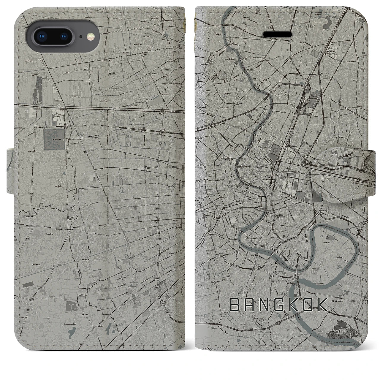 【バンコク(タイ)】地図柄iPhoneケース(手帳タイプ)モノトーン・iPhone 8Plus /7Plus / 6sPlus / 6Plus 用