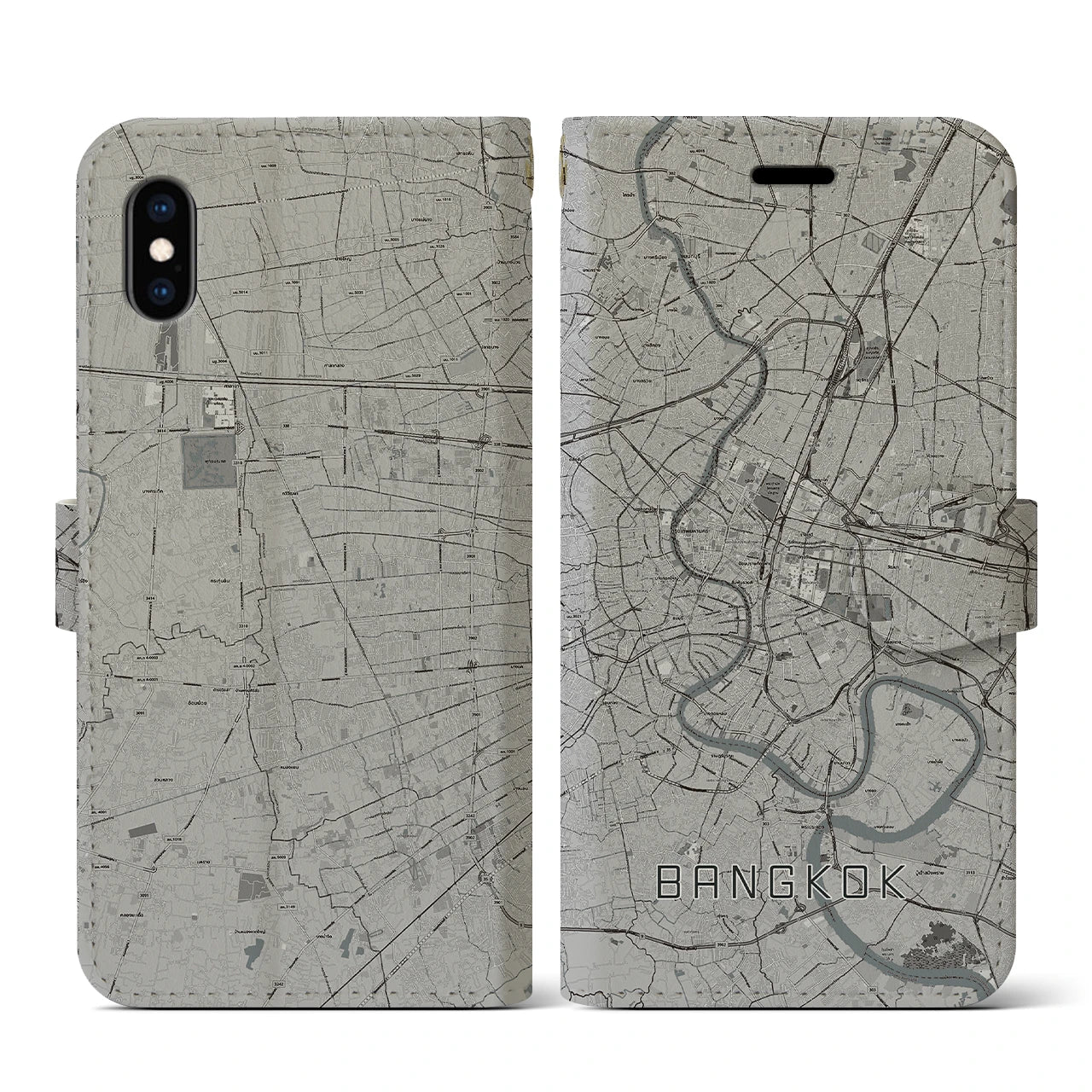 【バンコク(タイ)】地図柄iPhoneケース(手帳タイプ)モノトーン・iPhone XS / X 用