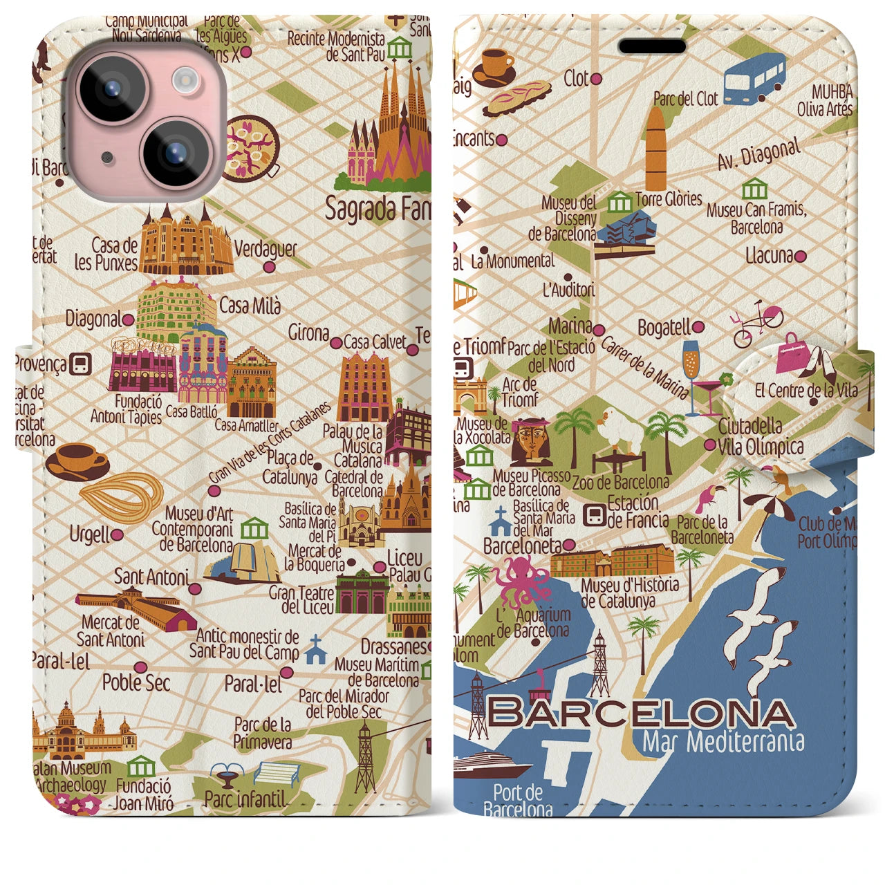 【バルセロナ(イラスト)】イラストマップiPhoneケース(手帳タイプ)ブライト・iPhone 15 Plus 用