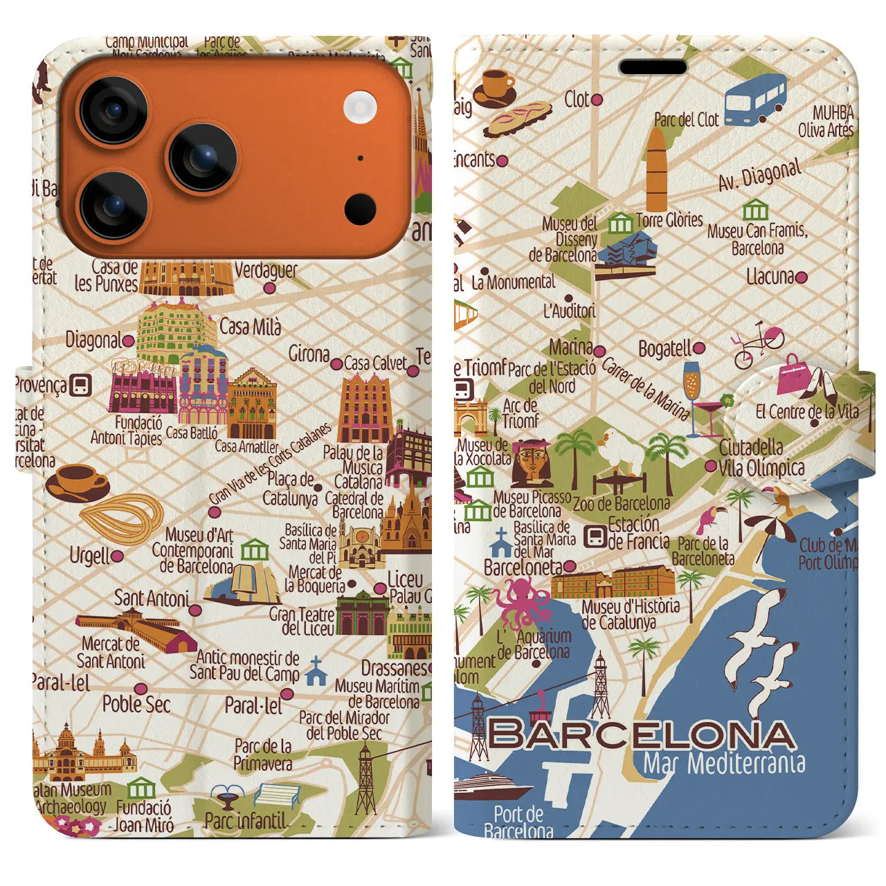 【バルセロナ】イラストマップiPhoneケース(手帳タイプ)