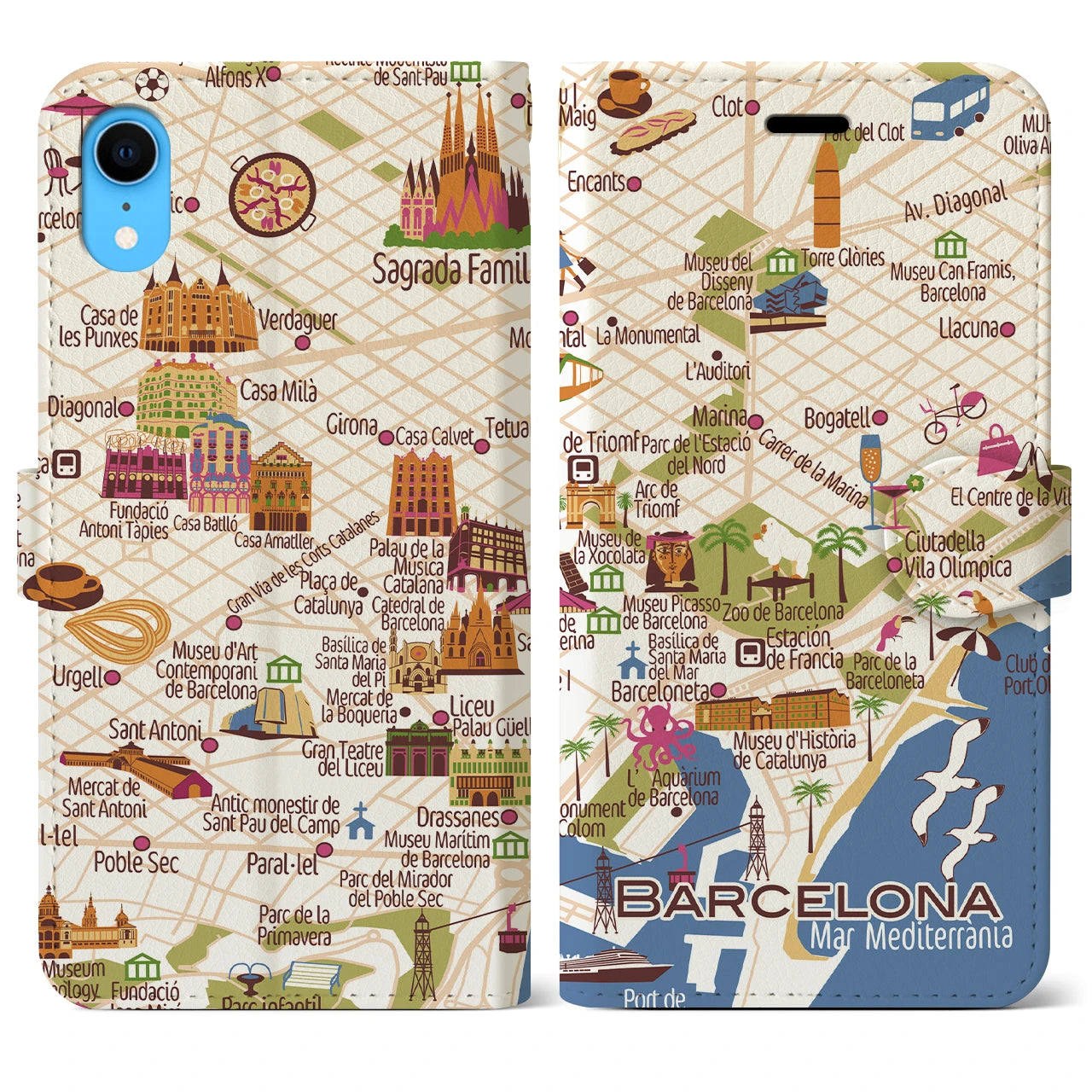【バルセロナ(イラスト)】イラストマップiPhoneケース(手帳タイプ)ブライト・iPhone XR 用