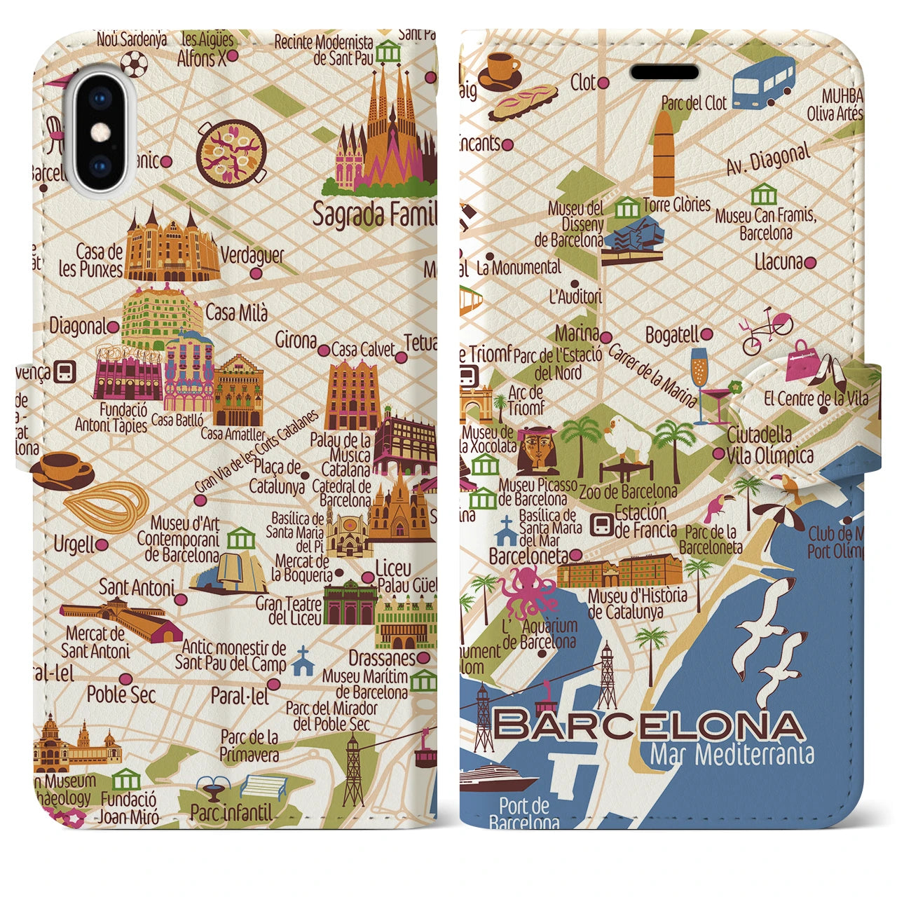 【バルセロナ(イラスト)】イラストマップiPhoneケース(手帳タイプ)ブライト・iPhone XS Max 用