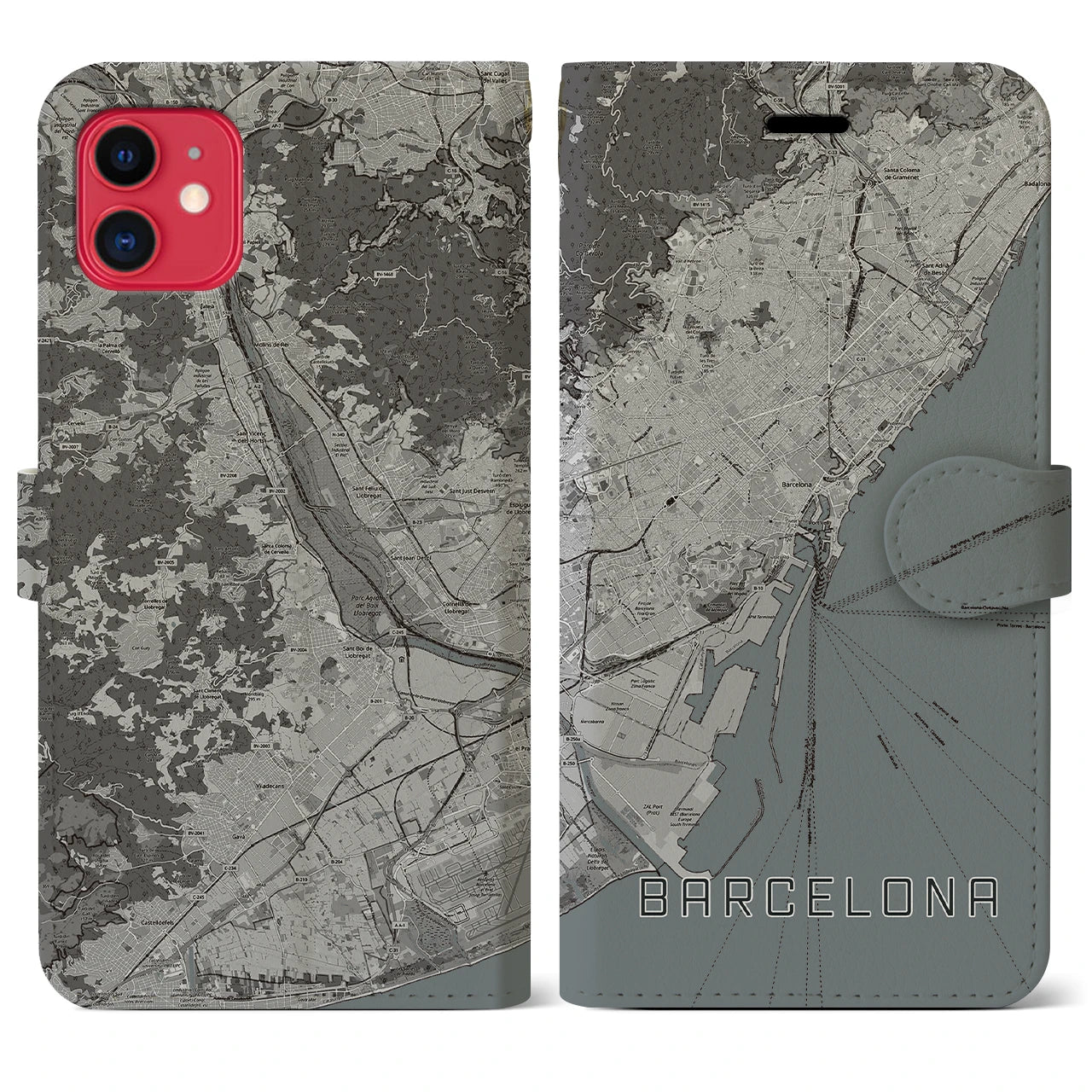 【バルセロナ(スペイン)】地図柄iPhoneケース(手帳タイプ)モノトーン・iPhone 11 用