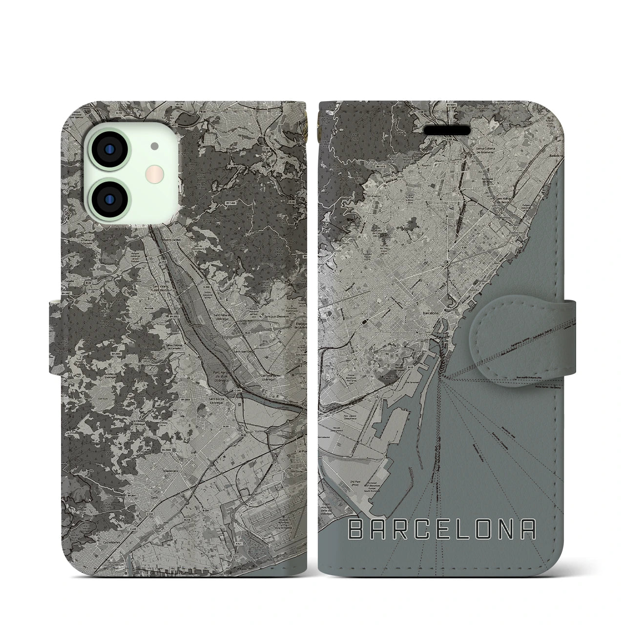 【バルセロナ(スペイン)】地図柄iPhoneケース(手帳タイプ)モノトーン・iPhone 12 mini 用