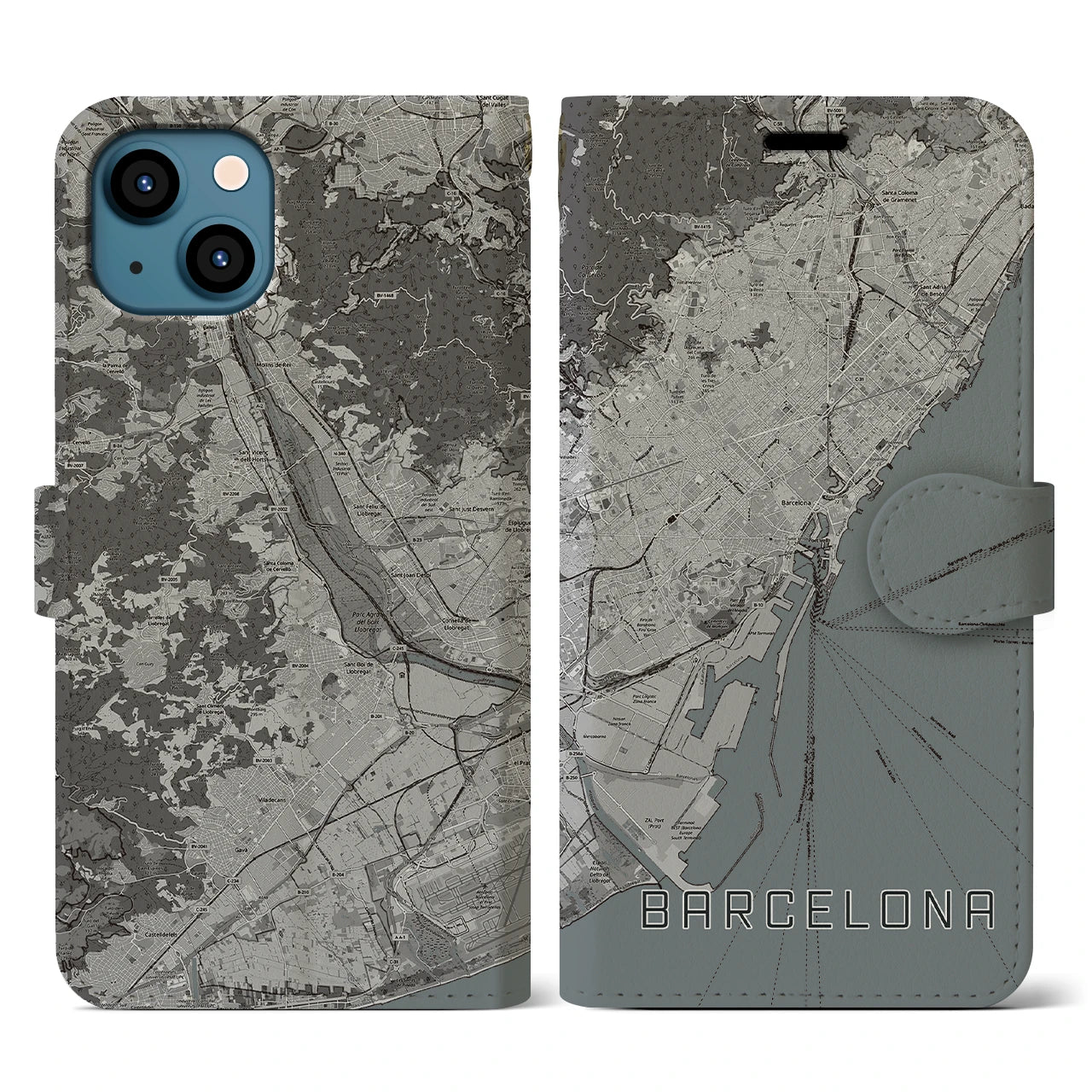 【バルセロナ(スペイン)】地図柄iPhoneケース(手帳タイプ)モノトーン・iPhone 13 用