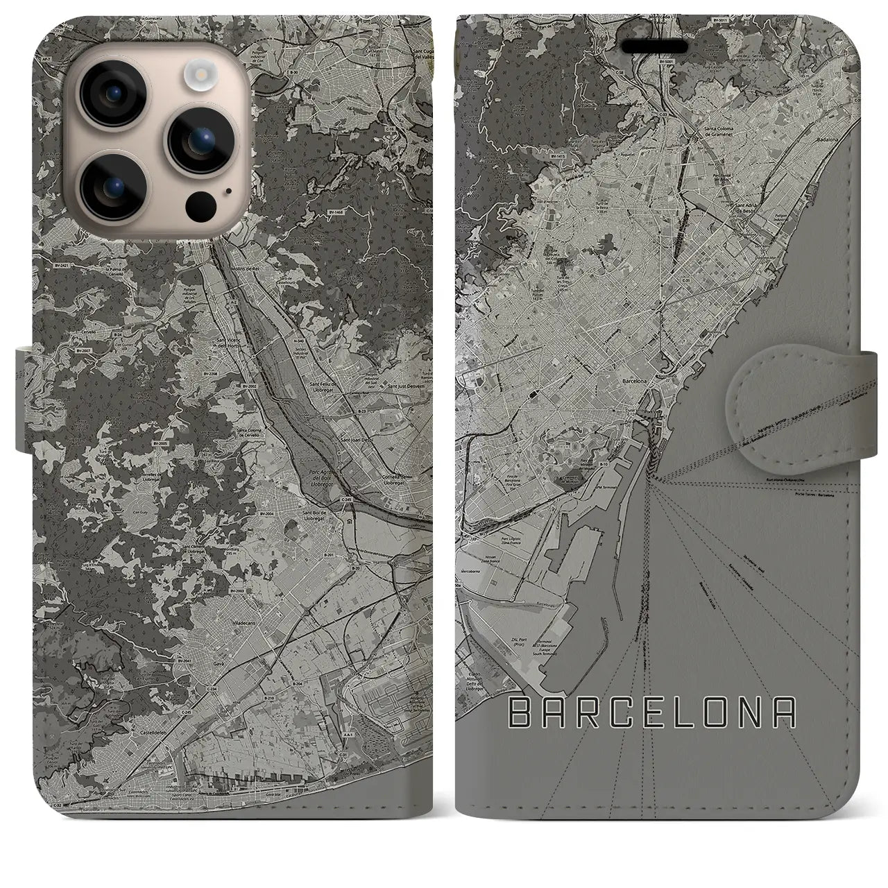 【バルセロナ(スペイン)】地図柄iPhoneケース(手帳タイプ)モノトーン・iPhone 16 Plus 用