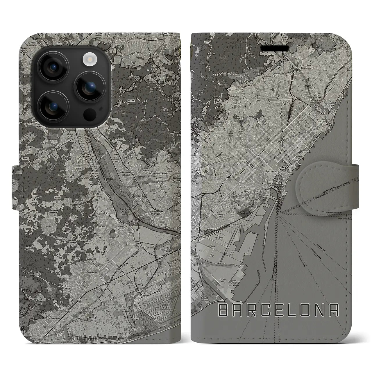 【バルセロナ(スペイン)】地図柄iPhoneケース(手帳タイプ)モノトーン・iPhone 16 用