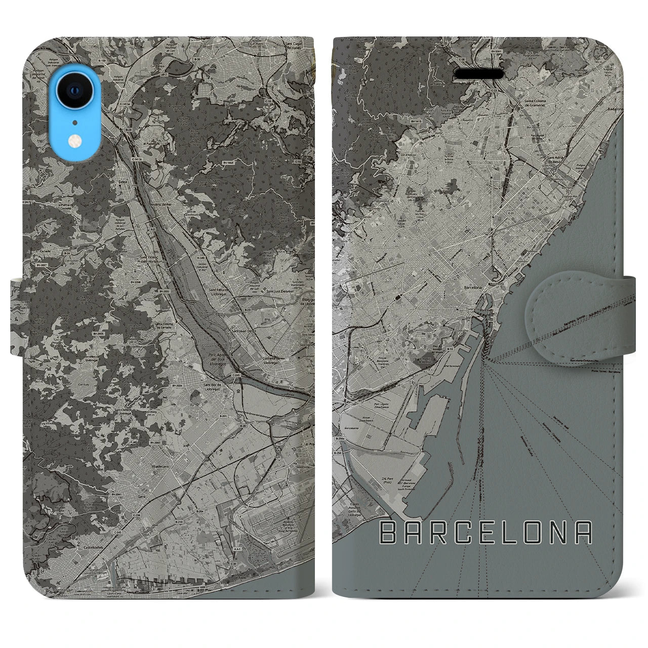【バルセロナ(スペイン)】地図柄iPhoneケース(手帳タイプ)モノトーン・iPhone XR 用
