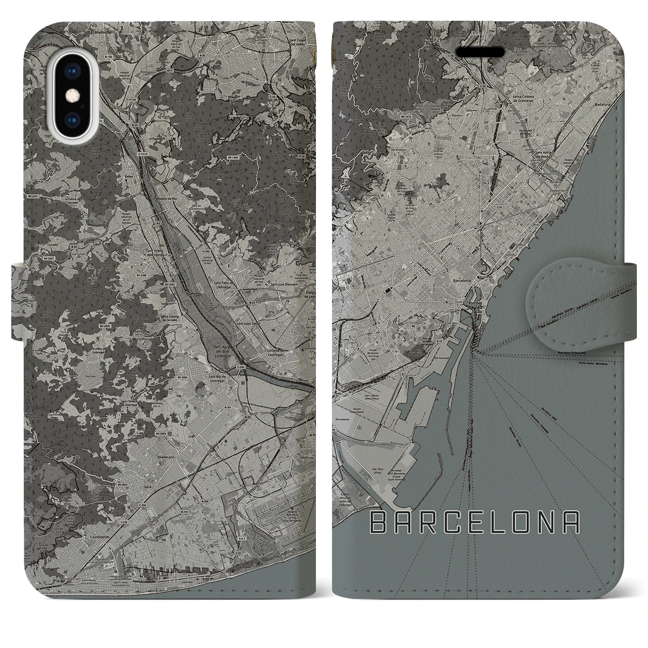 【バルセロナ(スペイン)】地図柄iPhoneケース(手帳タイプ)モノトーン・iPhone XS Max 用