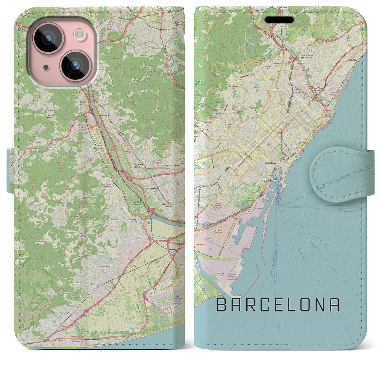 【バルセロナ(スペイン)】地図柄iPhoneケース(手帳タイプ)ナチュラル・iPhone 15 Plus 用