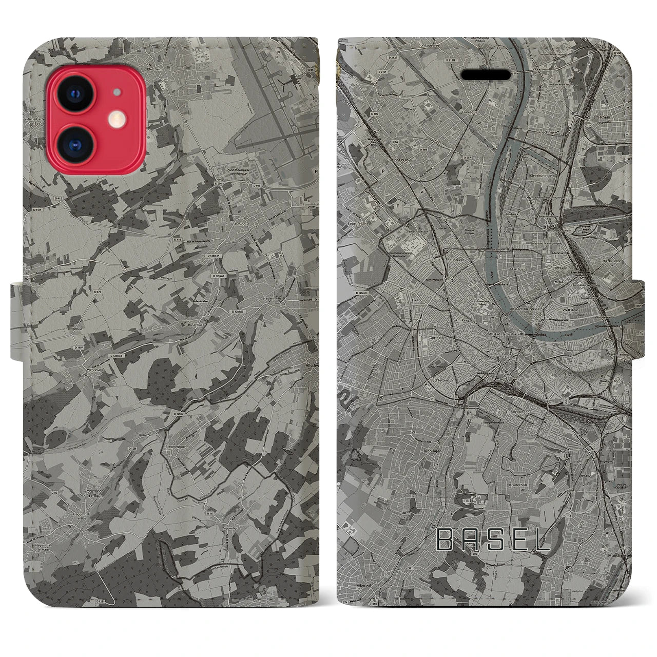 【バーゼル(スイス)】地図柄iPhoneケース(手帳タイプ)モノトーン・iPhone 11 用