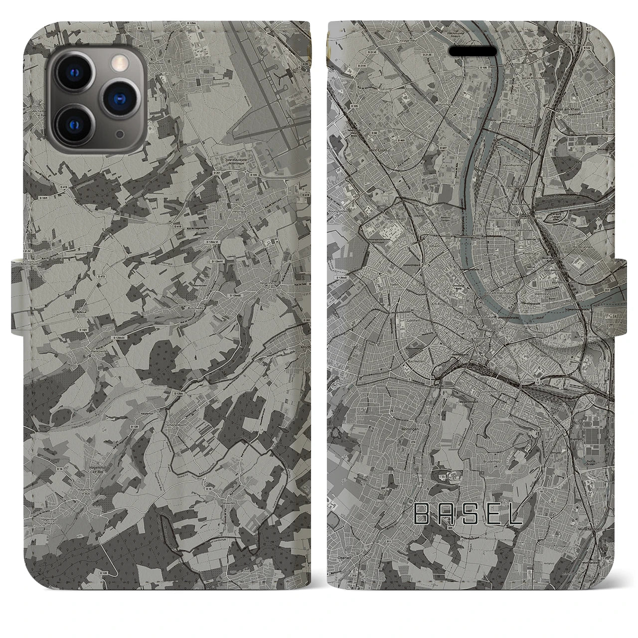 【バーゼル(スイス)】地図柄iPhoneケース(手帳タイプ)モノトーン・iPhone 11 Pro Max 用