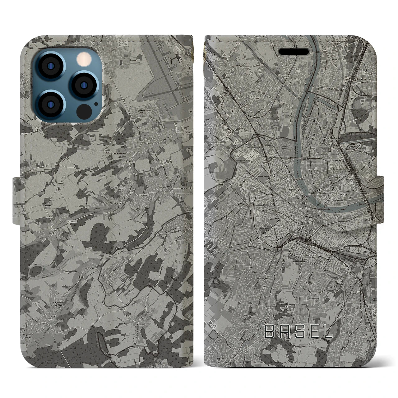 【バーゼル(スイス)】地図柄iPhoneケース(手帳タイプ)モノトーン・iPhone 12 / 12 Pro 用