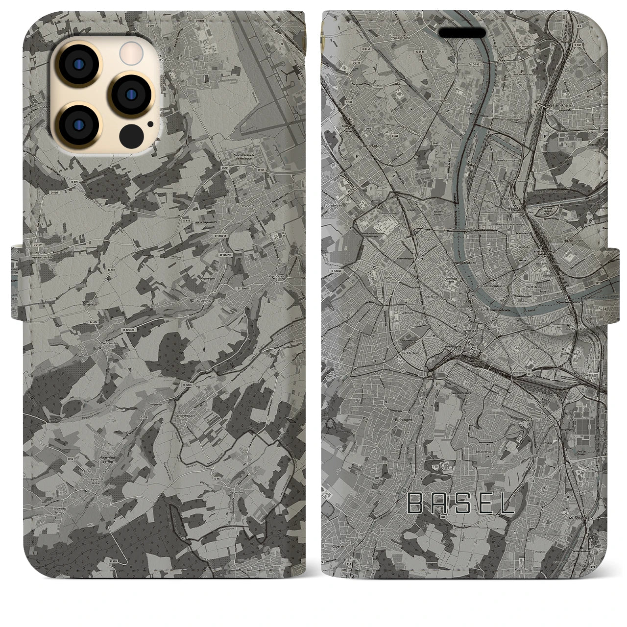 【バーゼル(スイス)】地図柄iPhoneケース(手帳タイプ)モノトーン・iPhone 12 Pro Max 用