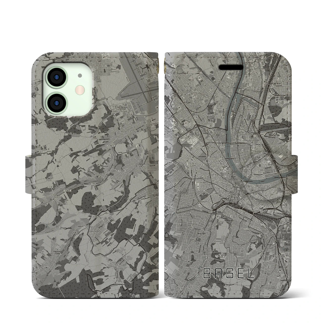 【バーゼル(スイス)】地図柄iPhoneケース(手帳タイプ)モノトーン・iPhone 12 mini 用