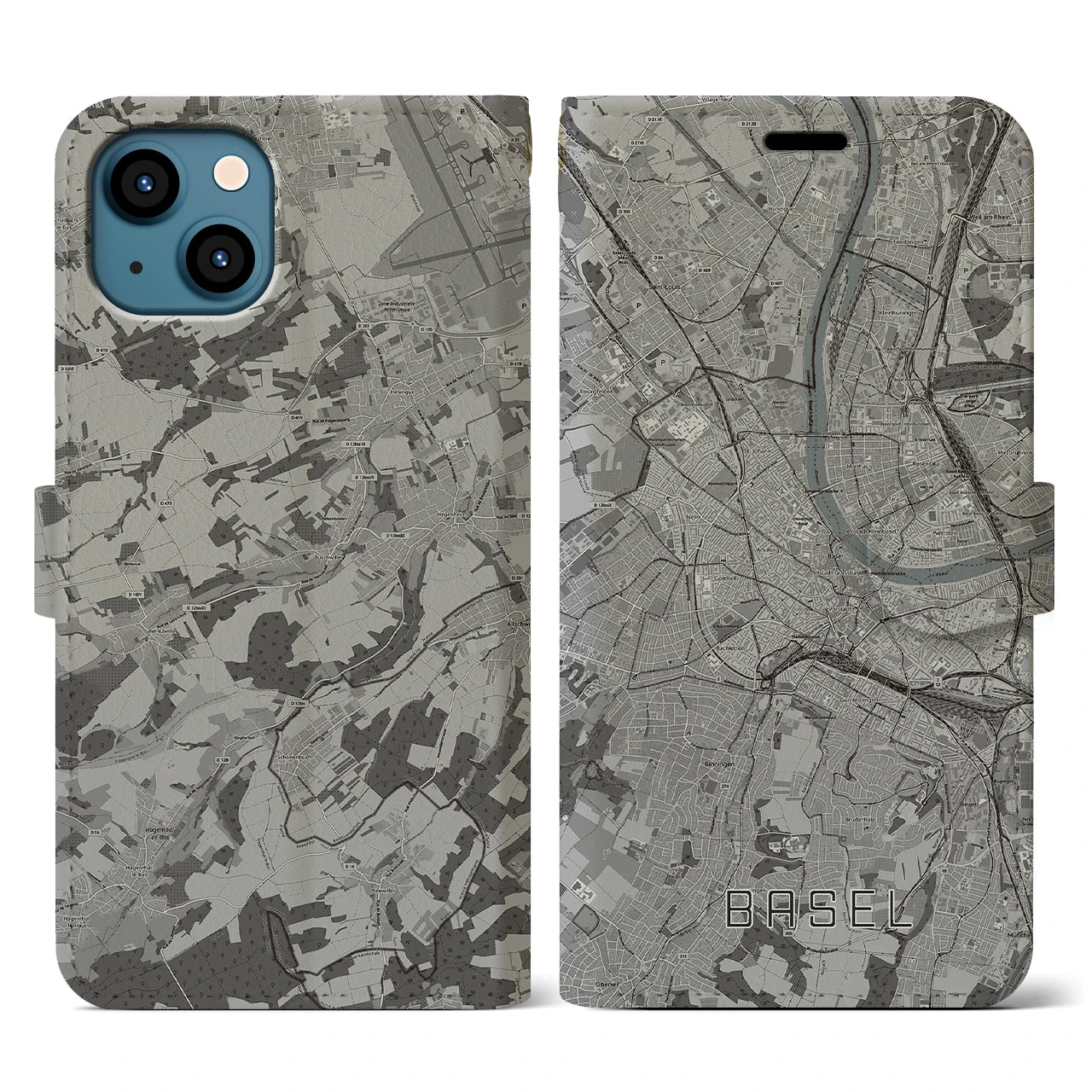 【バーゼル(スイス)】地図柄iPhoneケース(手帳タイプ)モノトーン・iPhone 13 用